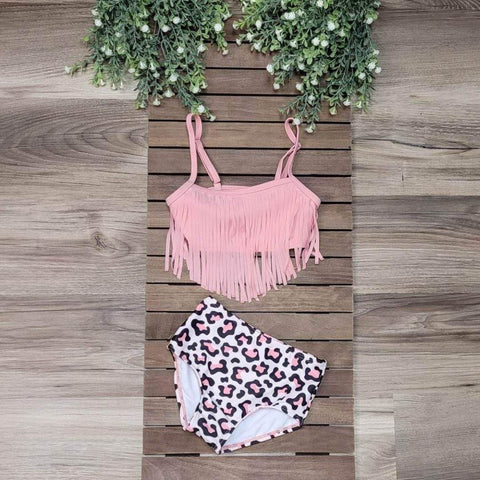 Pink Fringe Leopard Two Piece Swimsuit