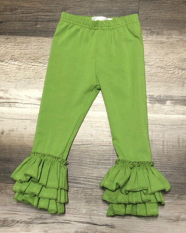 Green Apple Tulip Ruffle leggings for baby and toddler girls.