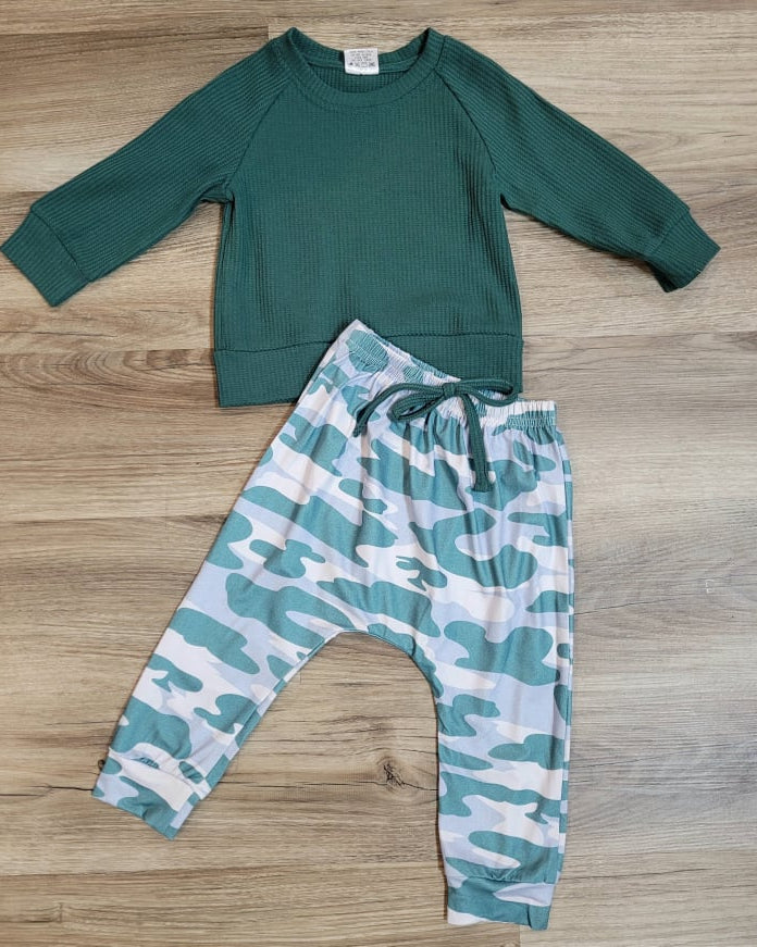 Boys Green Waffle Knit Top with Camo Joggers Set  A Touch of Magnolia Boutique   