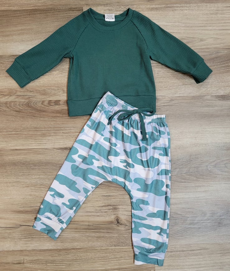 Boys Green Waffle Knit Top with Camo Joggers Set  A Touch of Magnolia Boutique   