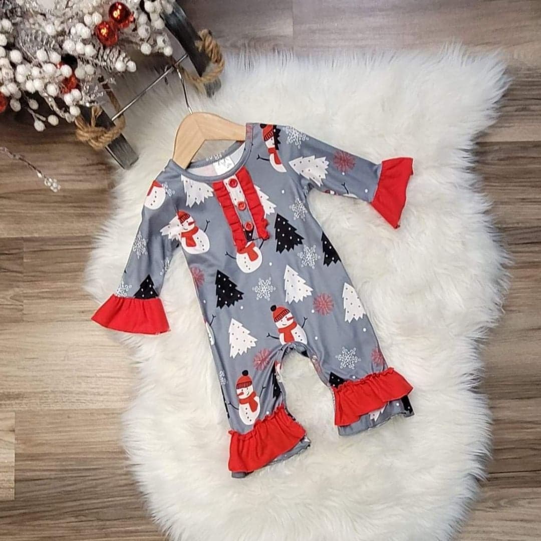 Baby Girl Grey Snowman Romper  A Touch of Magnolia Boutique   