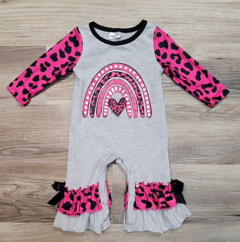 Baby girl grey romper with dark pink cheetah print sleeves.  Front has a pink and cheetah rainbow with a heart.  