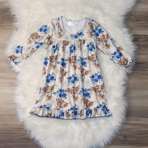 Blue Floral Highland Cow Pajama Gown