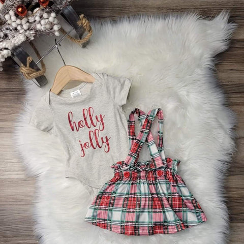 Holly Jolly Red & Green Plaid Suspender Skirt Set