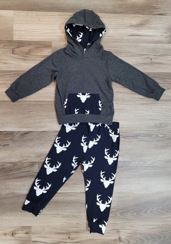 Boys charcoal grey hooded top with kangaroo pouch paired with navy blue jogger pant with white deer head print.