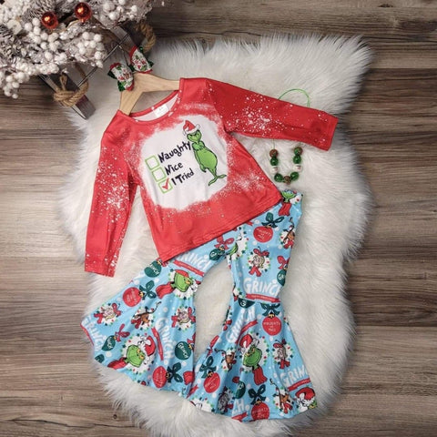 Girls boutique red bleached look top with Grinch and checklist: Naughty, Nice, I tried.  Includes blue bell bottom pants with Grinch, Cindy Lou Who and Max.