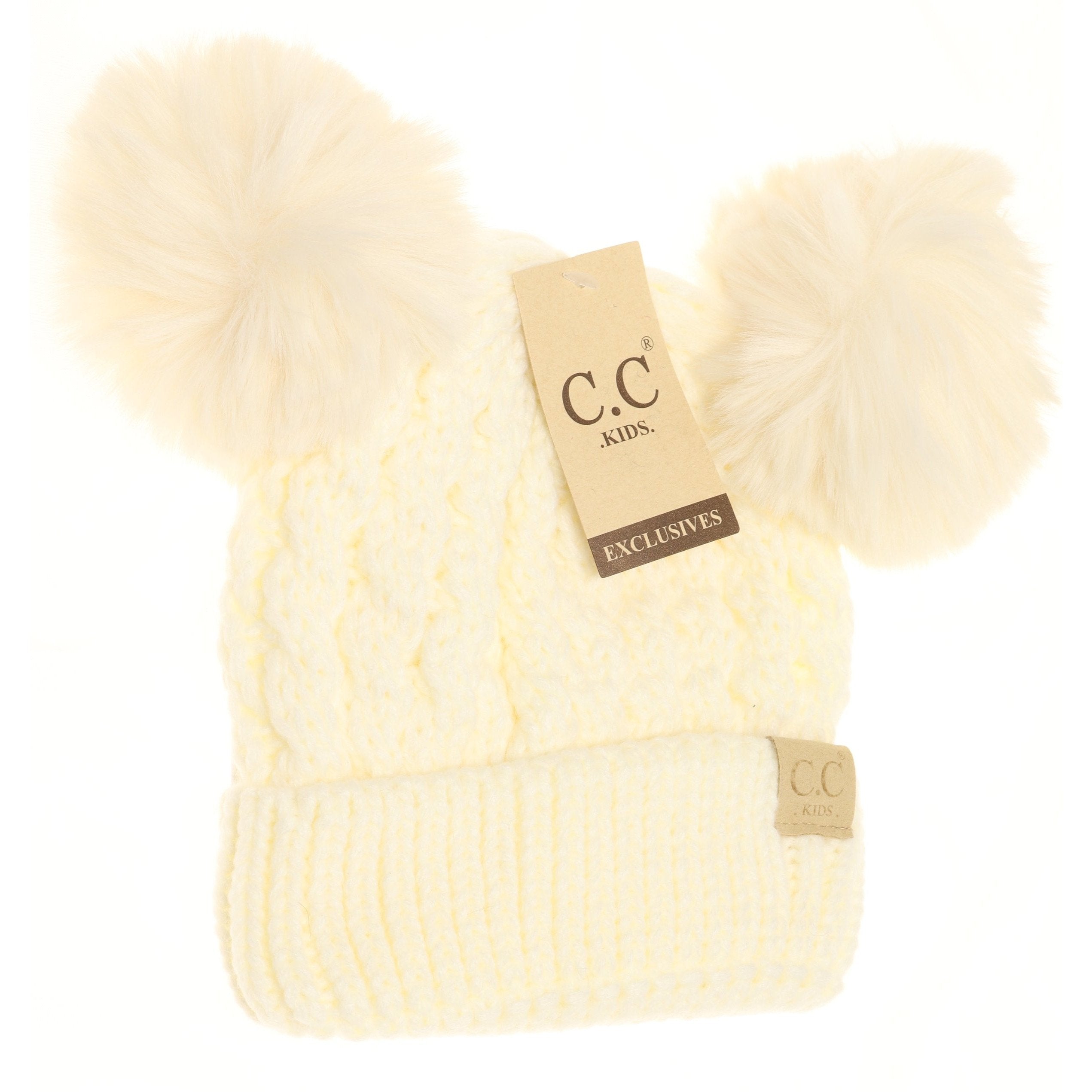 Kids Cable Knit Double Matching Fur Pom CC Hat  A Touch of Magnolia Boutique Ivory  