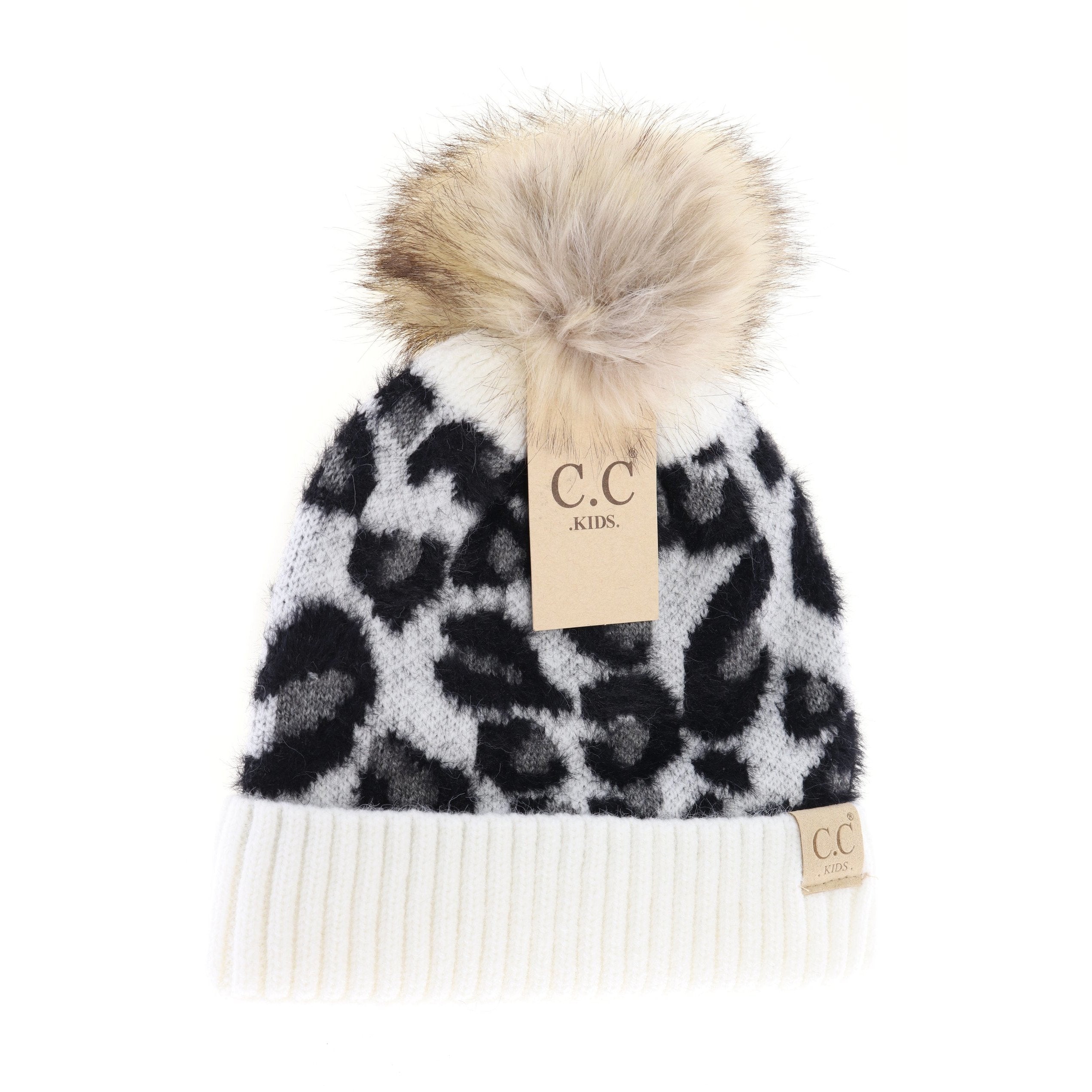Kids Leopard Pom CC Beanie (multiple colors)  A Touch of Magnolia Boutique Ivory leopard  