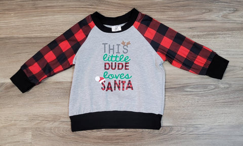 Boys grey top with buffalo plaid sleeves.  "This little dude loves Santa" on the front. Great Christmas top!