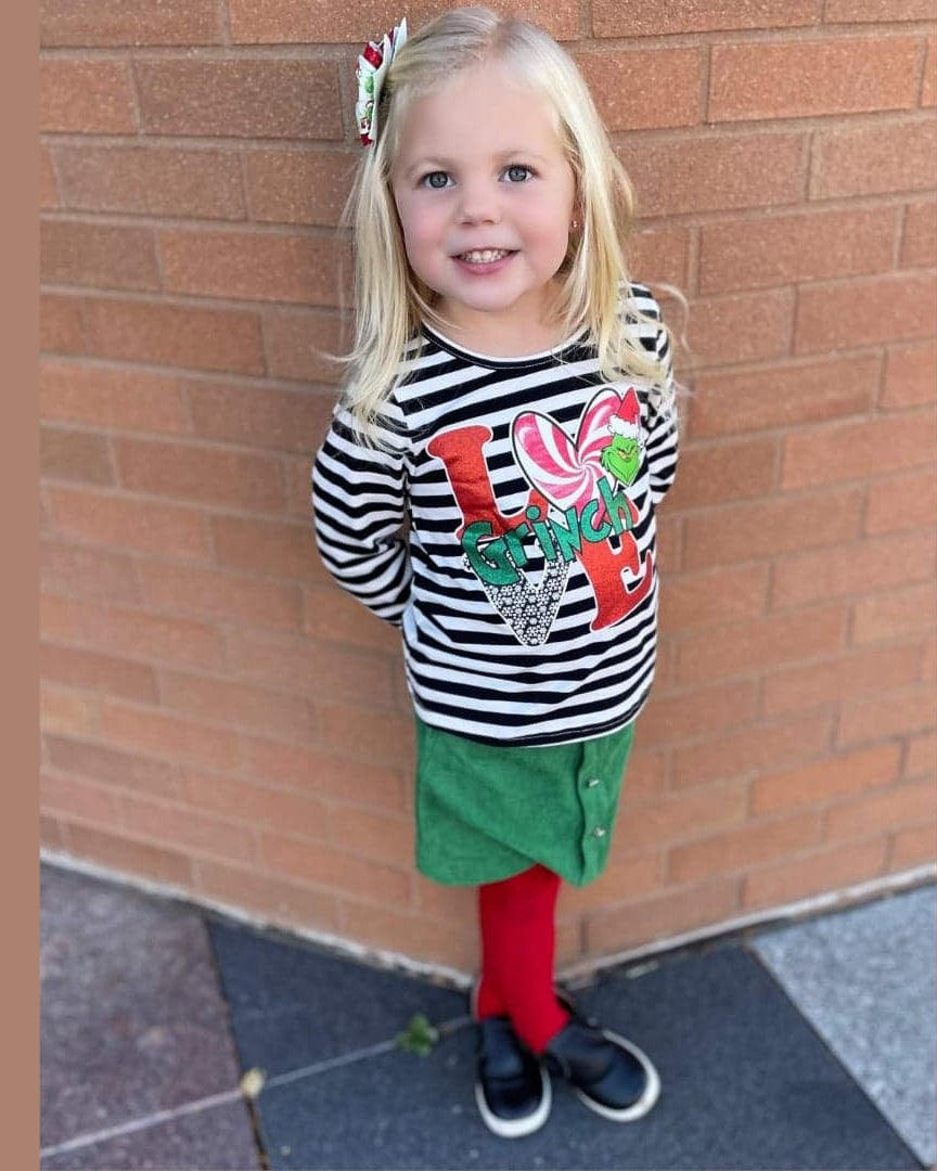 Love Grinch Striped Top & Green Suede Skirt Set (sizes 12-18 month, 2T, 3T available)  A Touch of Magnolia Boutique   