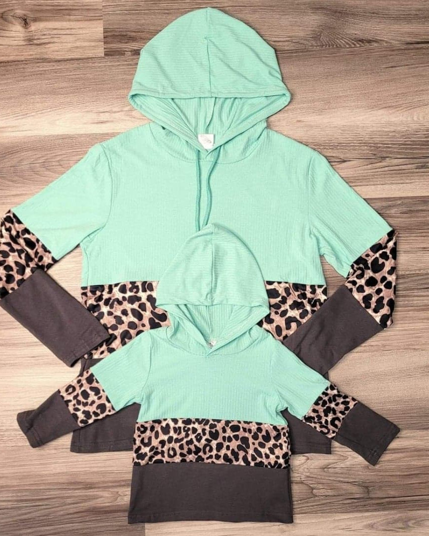 Mom & Me Mint Hooded Ribbed Color Block Leopard Top-Adult (sizes S, M, 3XL available)  A Touch of Magnolia Boutique   