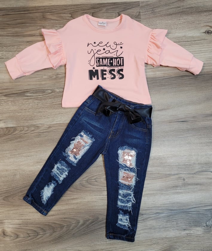 New Year Same Hot Mess Distressed Denim Set  A Touch of Magnolia Boutique   