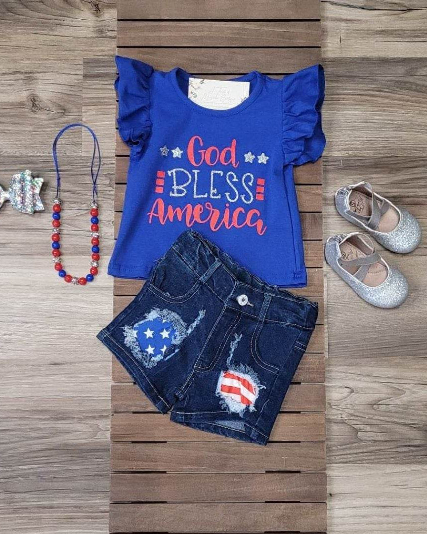 Patriotic Top with Stars & Stripes Patched Denim Shorts Set  A Touch of Magnolia Boutique   