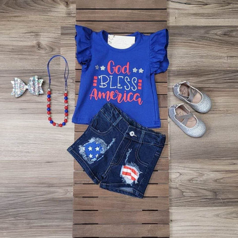 Patriotic Top with Stars & Stripes Patched Denim Shorts Set