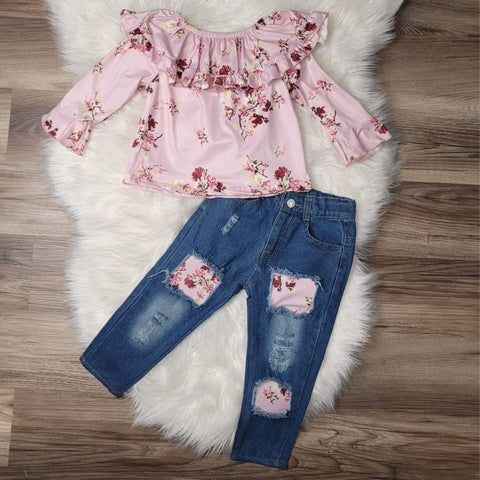 Pink Floral Top with Distressed Denim Jeans