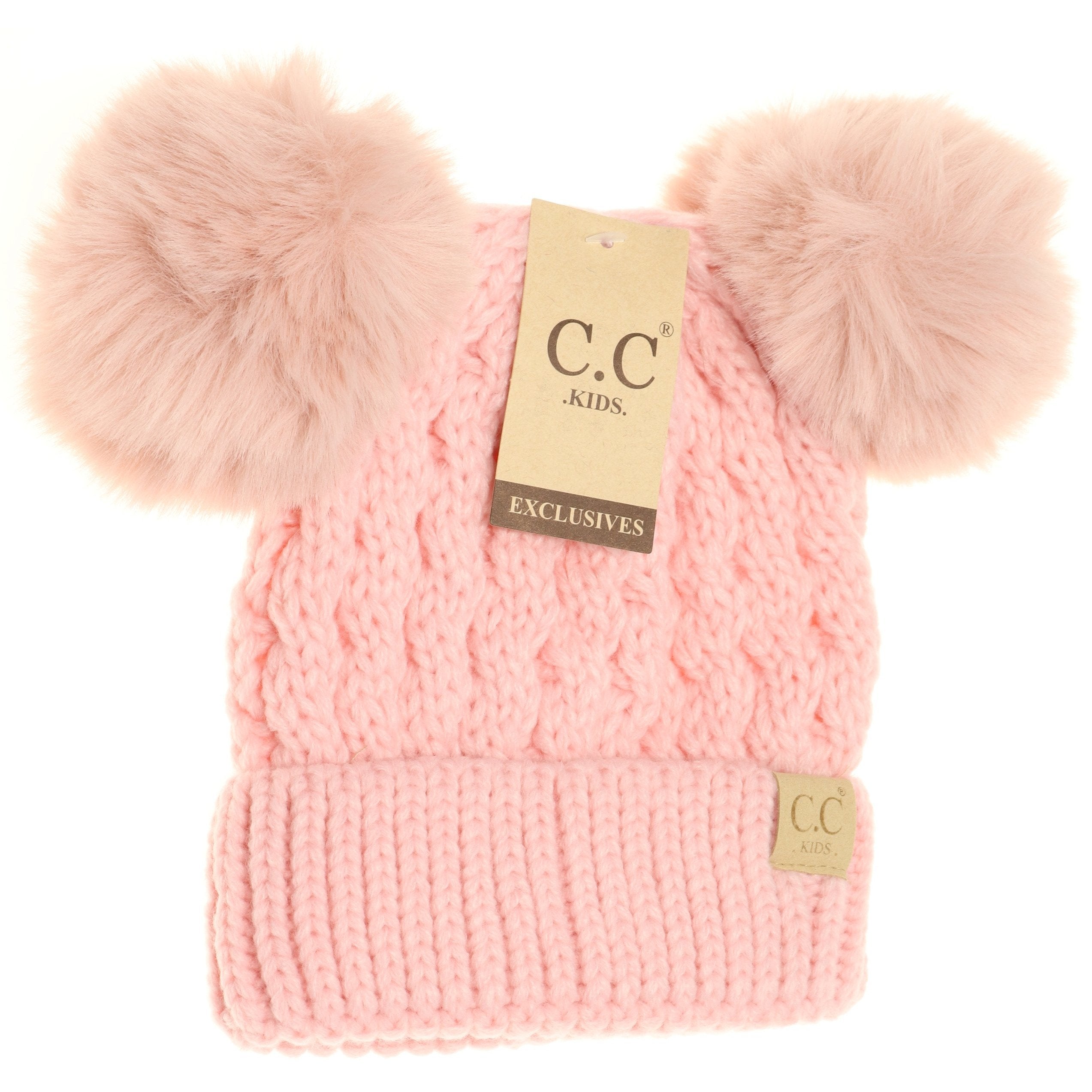 Kids Cable Knit Double Matching Fur Pom CC Hat  A Touch of Magnolia Boutique Pink  