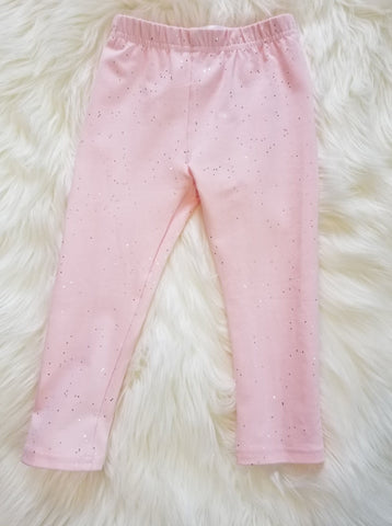 Knit cotton pink leggings with silver sparkles for baby through girls.