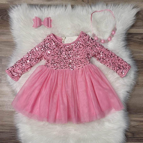 Girls boutique pink sequin adorned dress with tulle skirt.