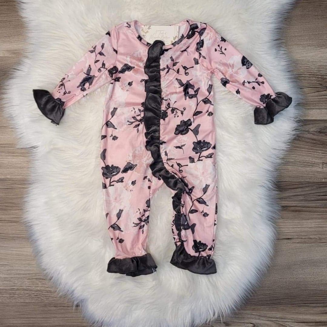 Pink with Grey Floral Ruffle Romper  A Touch of Magnolia Boutique   