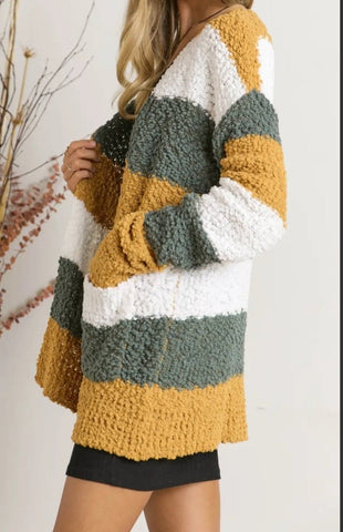 Mustard & Olive Color Block Popcorn Knit Sweater Cardigan