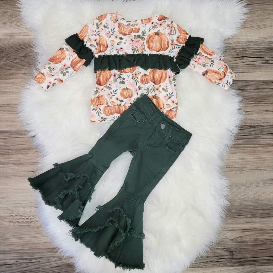 Fall Pumpkin Top & Forest Green Denim Bells (sizes 10/12 & 12/14 available)  A Touch of Magnolia Boutique   