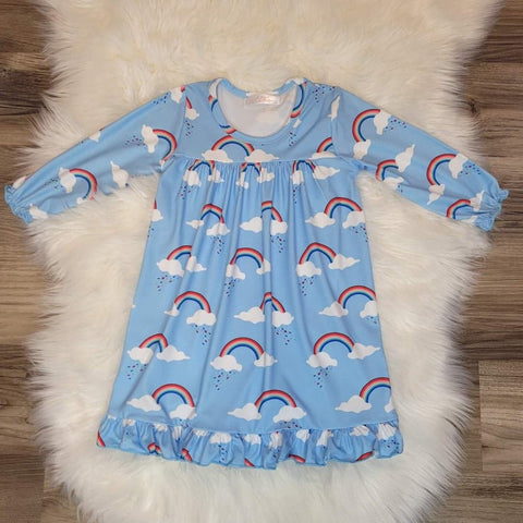 Girls boutique long sleeve blue pajama gown with rainbow and cloud print.