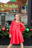 Girls boutique red dress with lace detail, and full skirt.