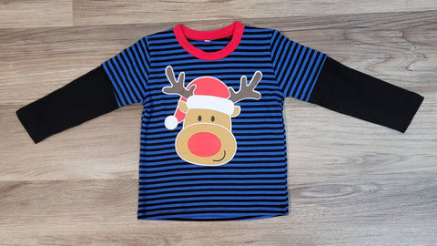 Boys blue top with black stripes, and partial black, layered look sleeves.  Red nosed deer on front wearing a Santa hat.