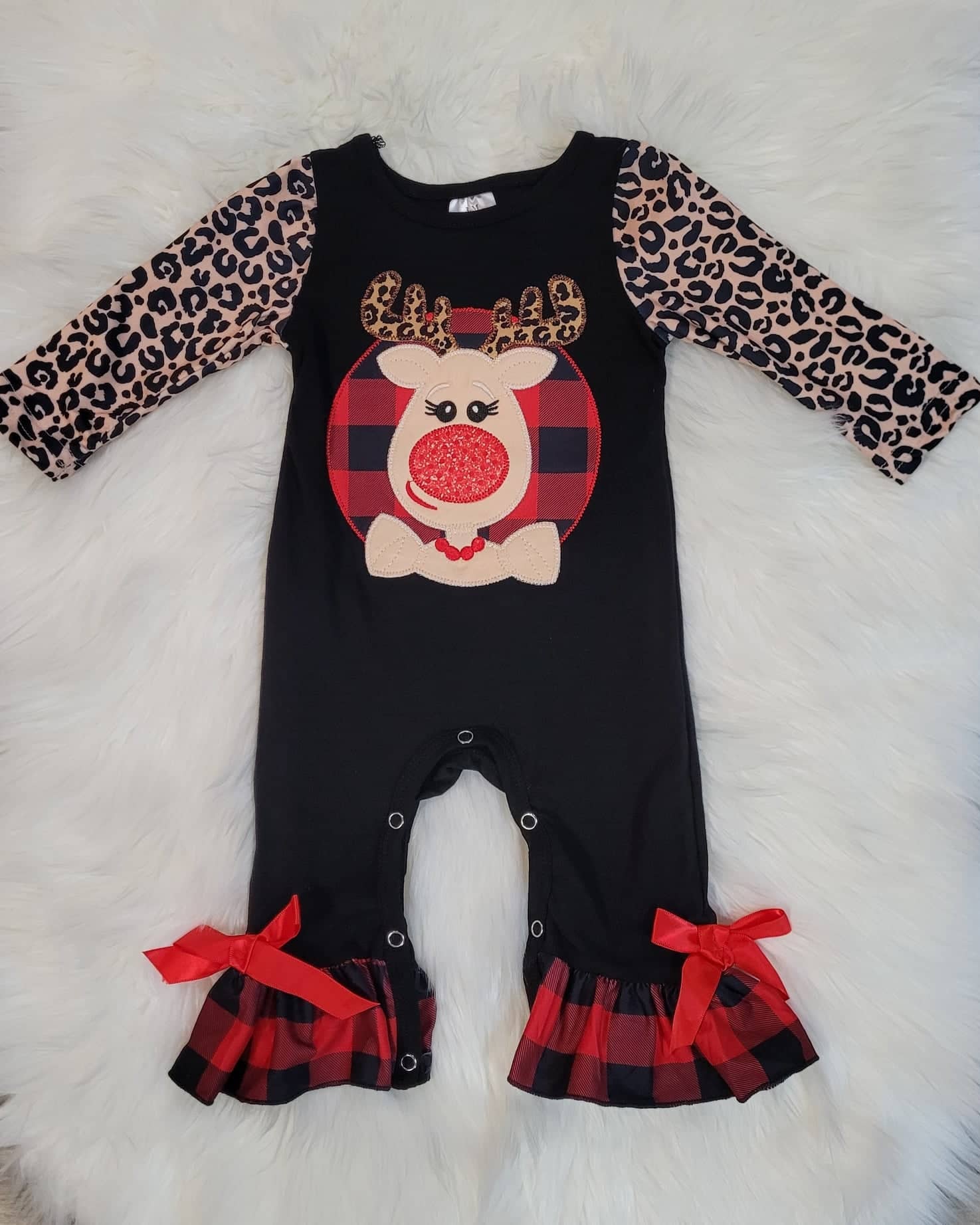 Reindeer Leopard and Buffalo Plaid Romper  A Touch of Magnolia Boutique   