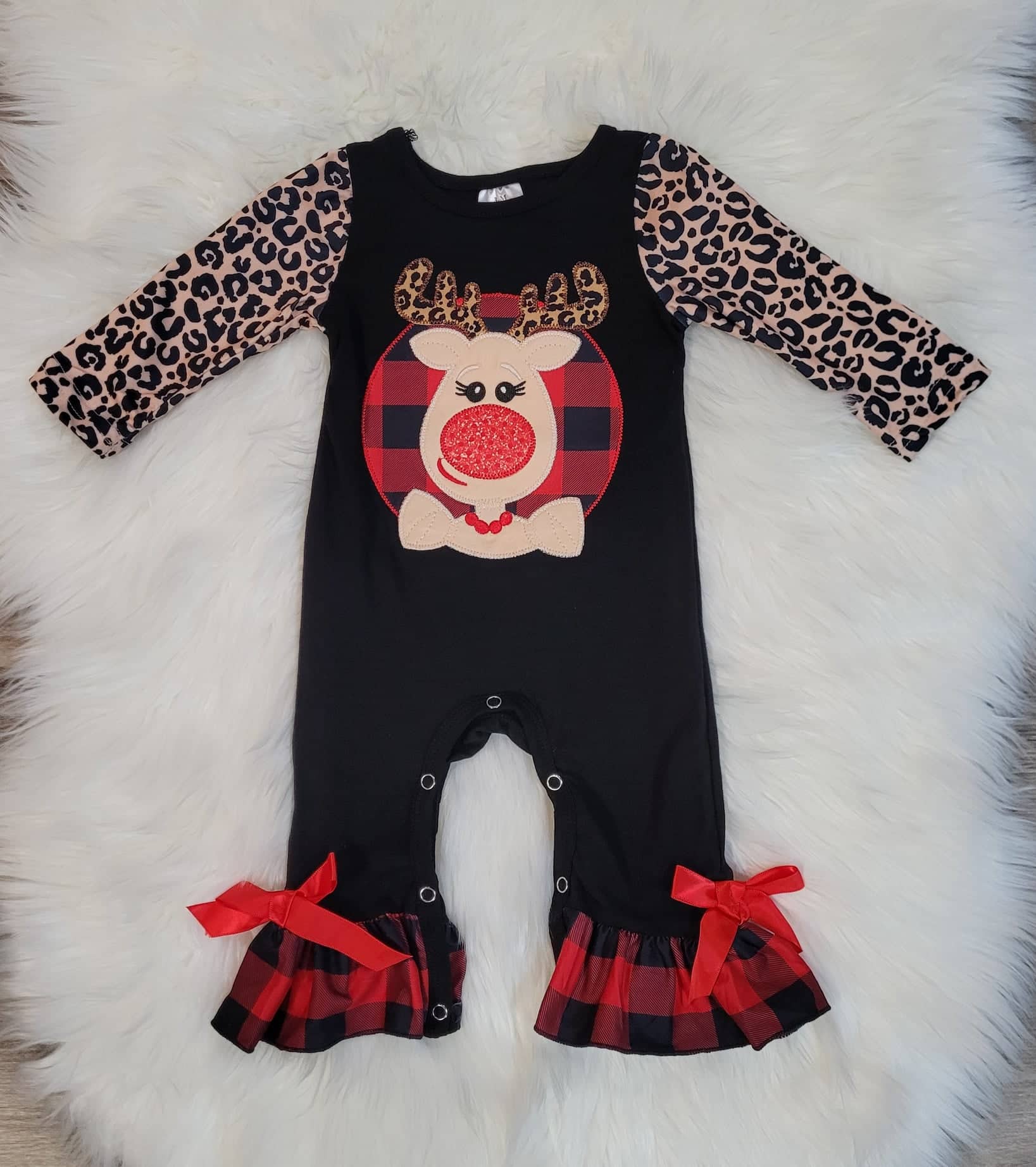 Reindeer Leopard and Buffalo Plaid Romper  A Touch of Magnolia Boutique   