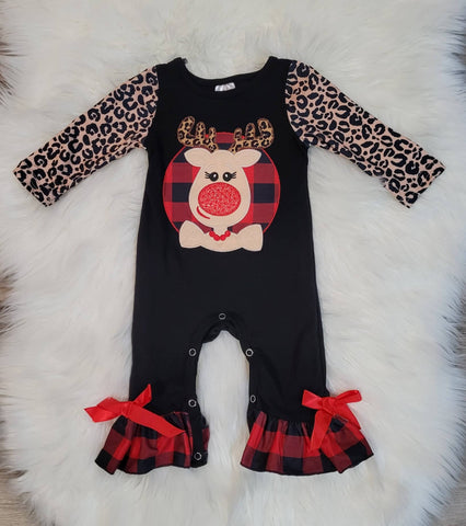 Baby girl boutique romper.  Black body with leopard print sleeves, a reindeer applique and buffalo plaid print ruffle at foot.
