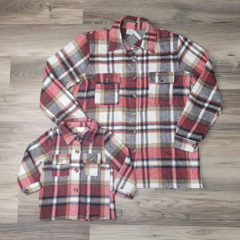 Red plaid button front shacket, perfect for layering.  Available in adult sizes for mom, and children's sizes for boys or girls.