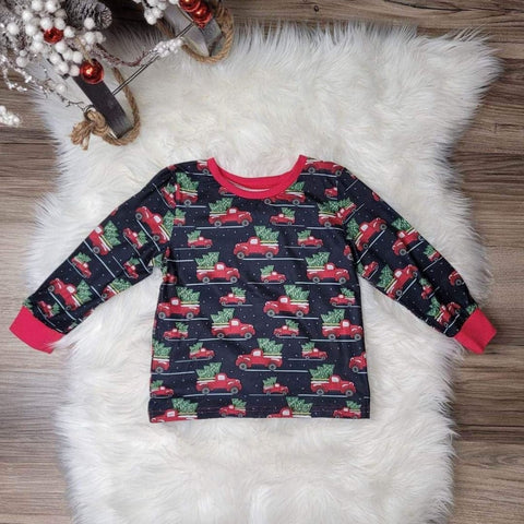 Boys holiday top with red truck hauling trees.  A great Christmas season top.