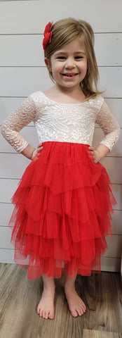 Girls boutique dress with white lace, red tulle and a deep V back.  Perfect holiday and special occasion dress.
