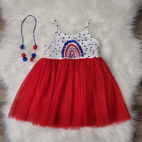 Girls boutique spaghetti strap patriotic dress.  Top portion is white with black polka dots, and a red, white and blue rainbow.  Skirt is red tulle.