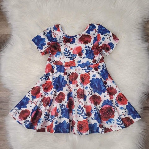 Gorgeous girls boutique short sleeve red white and blue floral twirl dress.