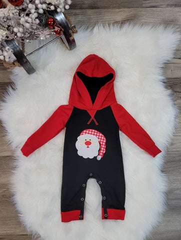Baby boy hooded romper with Santa applique on front.  Great Christmas add on!