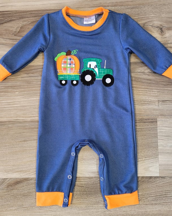 Baby Boy Pumpkin Tractor Romper  A Touch of Magnolia Boutique   