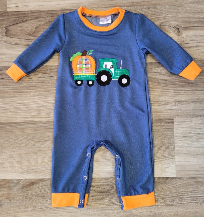 Baby Boy Pumpkin Tractor Romper  A Touch of Magnolia Boutique   